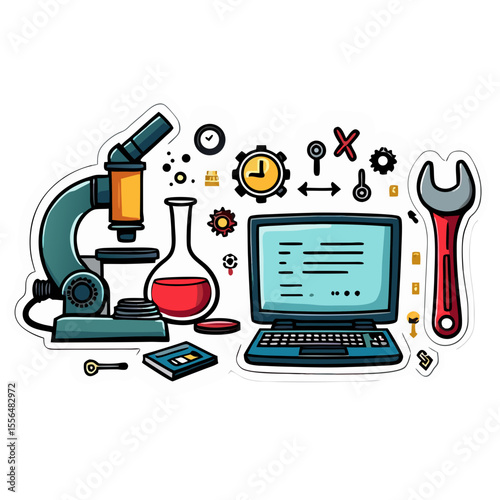 scientific laboratory equipment setup with microscope test tubes and computer for research and