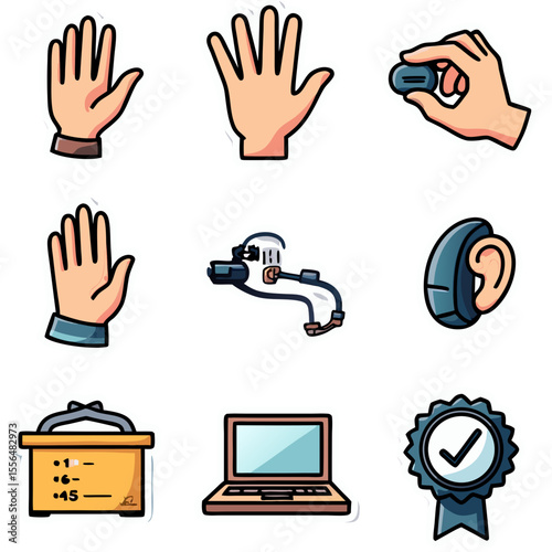Illustration of safety and hygiene tools including hand washing and protective gear for health