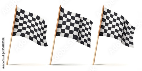 Triple Checkered Flags 3D Render, Racing Finish Line, Motorsport Concept, Fabric Texture Racing, Motorsport