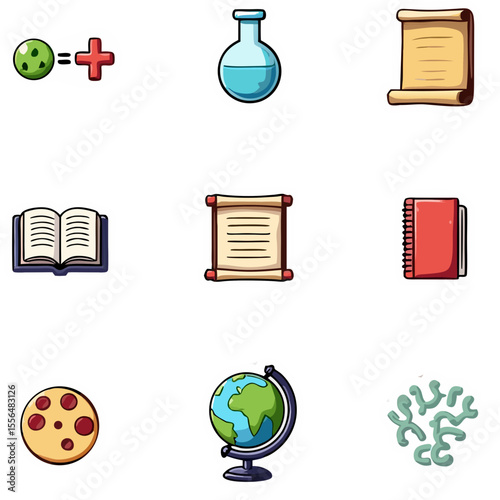 Collection of Educational and Scientific Icons Including Books Globe and Microscopic Organisms