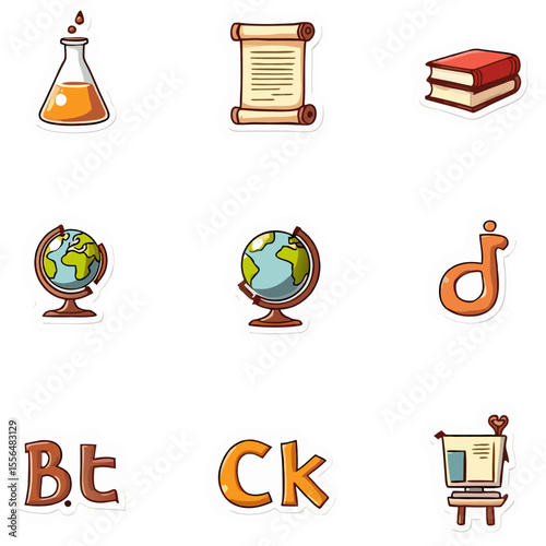 Collection of educational and science-themed cartoon stickers featuring globes books and