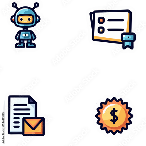 Cute robot character with certificate diploma document and financial coin icons in a playful