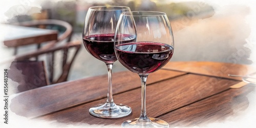 Two Glasses of Red Wine on Wooden Table Watercolor Painting, Romantic Dinner, Wine Tasting, Red Wine, Watercolor Effect Red wine, romantic dinner