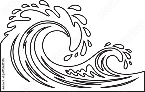 Dynamic ocean sea waves with water drops outline line art illustration