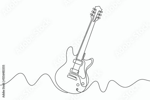 Continuous line drawing of an electric guitar with a wavy sound wave base