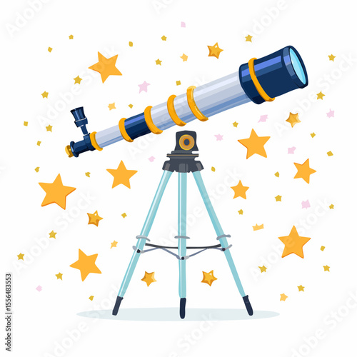 A telescope on a tripod aimed at stars
