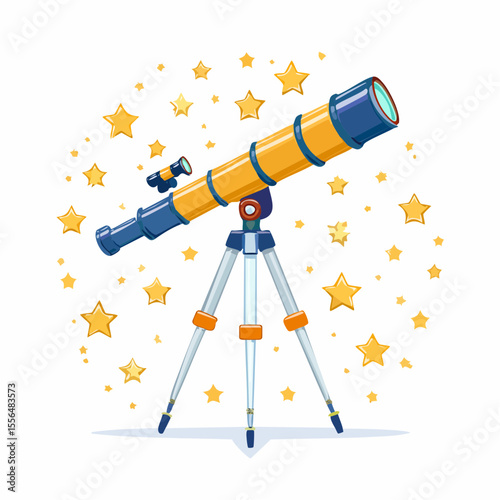 A telescope on a tripod aimed at stars
