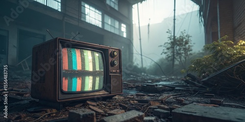 Vintage TV in Post-Apocalyptic Ruins Digital 3D Render, Static Screen, Decay, Abandoned Building, Nostalgia. Post-apocalyptic, digital art
