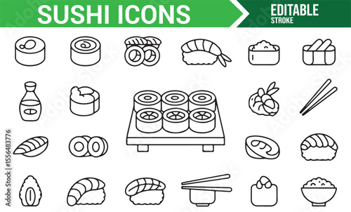 Line Art Collection of Sushi and Japanese Food Icons for Creative Design