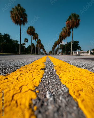 A street divided by a bright yellow line with palm trees   -