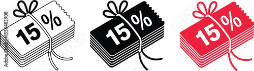Fifteen percent off coupons discount vouchers promotion sale offer savings deals special price reduction editable vector illustration with png format