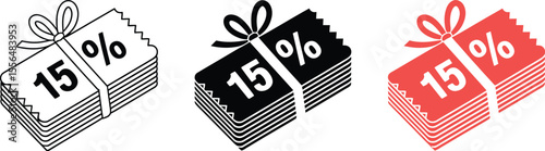 Fifteen percent discount coupon vector illustration set promo offer sale voucher price off promotion deal 15 editable vector illustration with png format