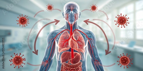 Viral Infection 3D Human Anatomy and Virus Transmission, 3D rendering, medical illustration Virus Transmission, Medical Illustration
