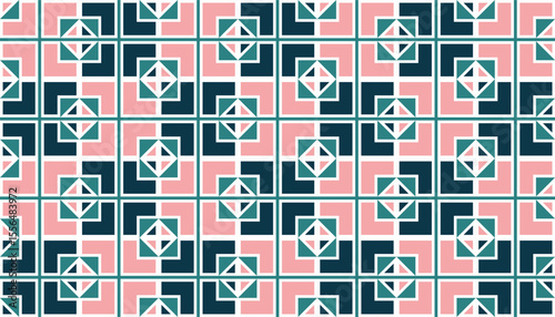 Repeating square-based abstract pattern in pastel pink and contrasting deep navy tones with mint green accents