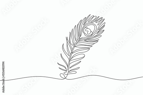 Elegant single line drawing of a peacock feather with a wavy line base