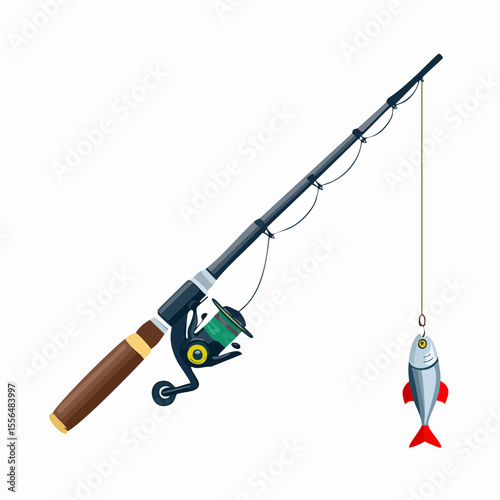 A fishing rod with line and hook dangling
