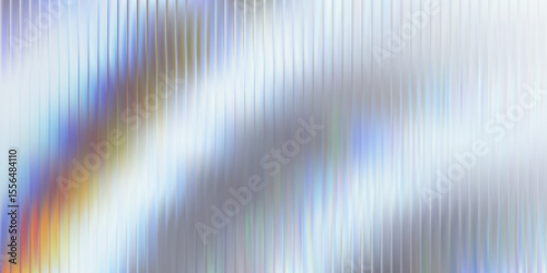 Iridescent glass texture with vertical ribbed lines and soft blue, amber, violet gradient ripple. Holographic distortion, modern translucent surface, futuristic vector illustration.