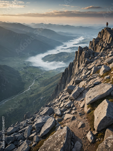 Lone Hiker Standing on Rugged Rocky Summit Overlooking an Endless Misty Valley for Adventure Tourism Commercials, Outdoor Lifestyle Branding, and Motivational Nature Campaigns