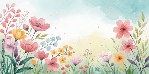 Watercolor Floral Composition Pastel Blooms and Soft Sky Background, Spring, Flower Art Spring flowers, watercolor painting