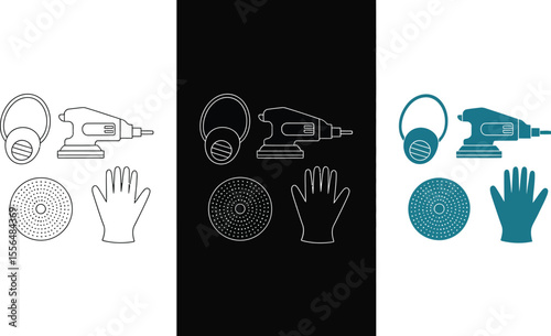 Sanding tools vector illustration: orbital sander, safety mask, gloves, sanding disc for woodworking shop editable vector illustration with png format