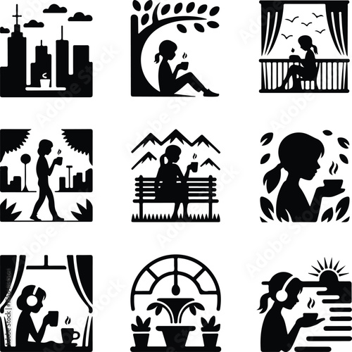 Girl Drinking Coffee Silhouette Set – Stylish Morning Icon Collection Coffee Lover Female Vector Icons – Minimal Girl & Hot Drink Design