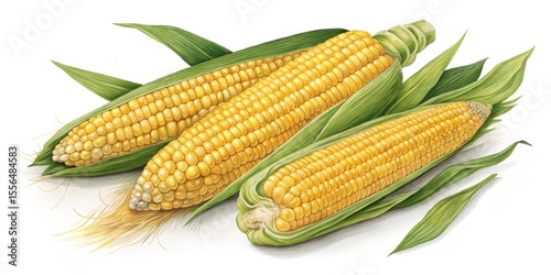 Watercolor Illustration of Three Corn Cobs, Botanical Art, Harvest Concept, Yellow Kernels, Green Husks Corn, Watercolor