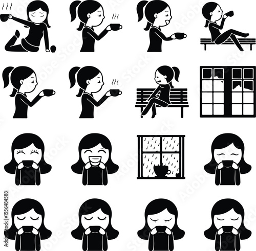 Girl Drinking Coffee Silhouette Set – Stylish Morning Icon Collection Coffee Lover Female Vector Icons – Minimal Girl & Hot Drink Design