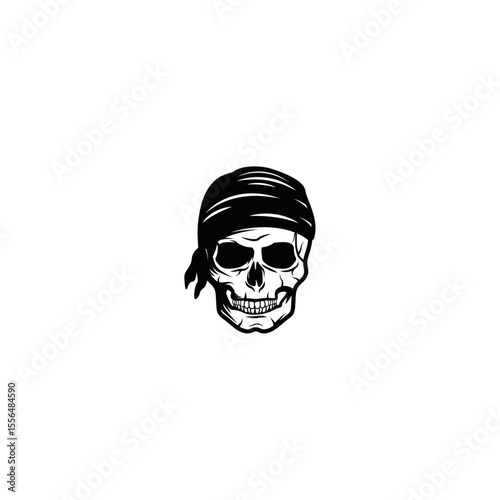 Engraved  Skull with Bandana Icon Logo Flat Vector Design