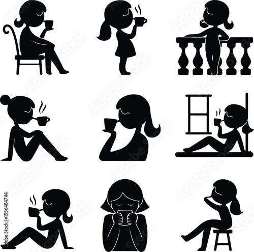 Girl Drinking Coffee Silhouette Set – Stylish Morning Icon Collection Coffee Lover Female Vector Icons – Minimal Girl & Hot Drink Design