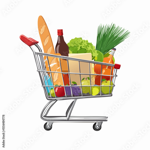 A shopping cart with grocery items peeking out
