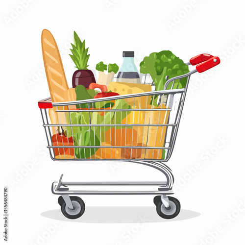A shopping cart with grocery items peeking out
