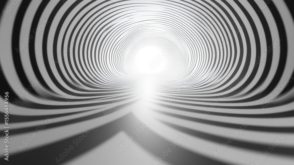 Obraz premium Black and white striped tunnel with bright light at end