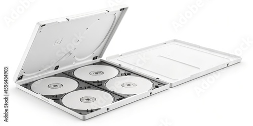 White CDDVD Case with Four Discs, Open Lid, Product Shot, Storage Solution CD storage, DVD storage, media storage