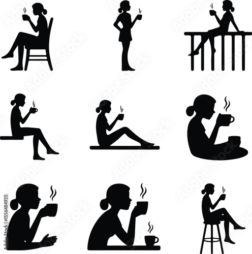 Girl Drinking Coffee Silhouette Set – Stylish Morning Icon Collection Coffee Lover Female Vector Icons – Minimal Girl & Hot Drink Design