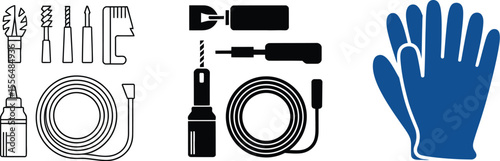 Vector illustration set of tools drill bits cable glue gloves for diy craft project and home improvement editable vector illustration with png format