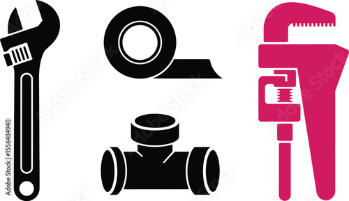 Plumbing tools vector illustration featuring adjustable wrench pipe wrench tape and tee joint fitting icon set editable vector illustration with png format