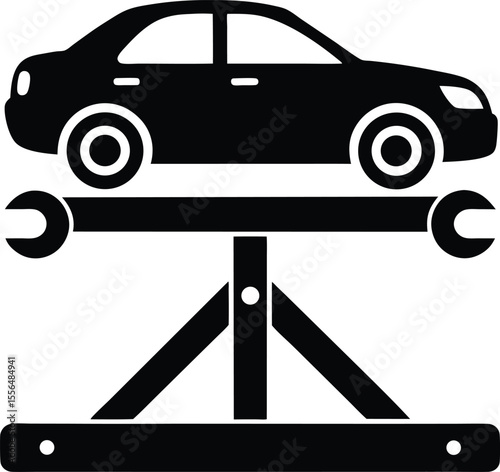 Car on mechanical lift for repair garage service silhouette vector illustration