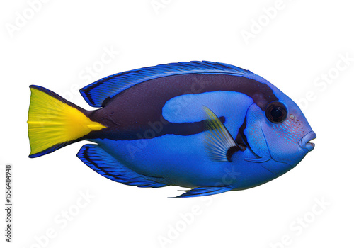 Close up of a vibrant blue reef dwelling fish with a bright yellow tail on a dark setting view on transparent background