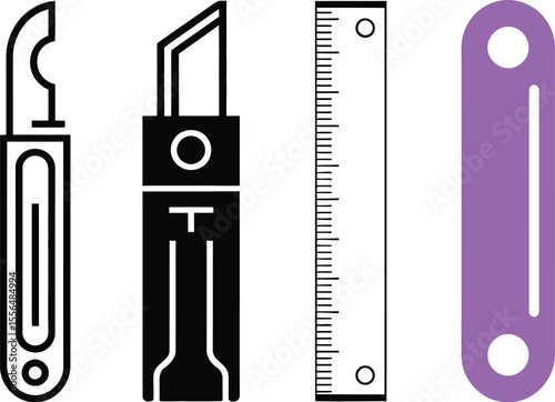 Crafting tools vector icon set, hobby knife, ruler, and purple bar for diy projects and design elements editable vector illustration with png format