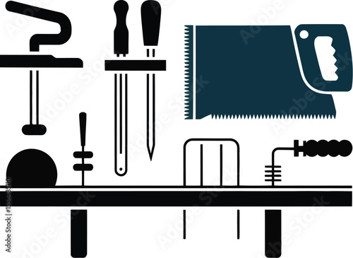 Vector illustration of woodworking tools on a workbench for carpentry woodworking and diy projects editable vector illustration with png format