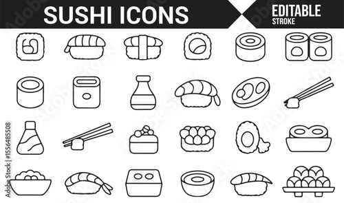 Set of clean and simple icons for sushi rolls, fish, and Asian cuisine