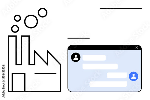 Factory exterior with chimneys emitting bubbles alongside a digital chat interface window. Ideal for manufacturing, communication, innovation, technology, business, collaboration, simple landing page