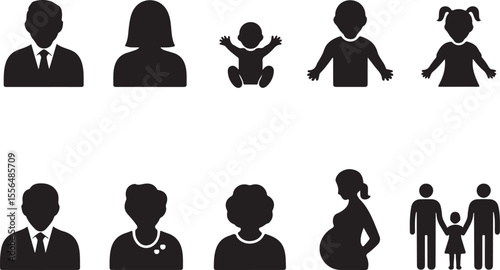 Diverse Family Icons Silhouettes of People Representing Generations and Life Stages