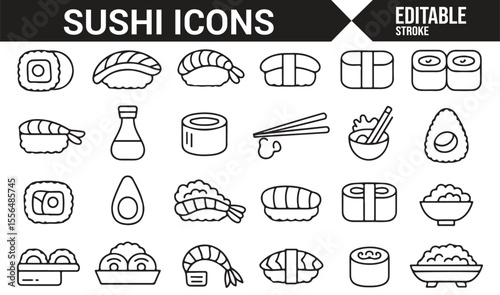 Set of clean and simple icons for sushi rolls, fish, and Asian cuisine