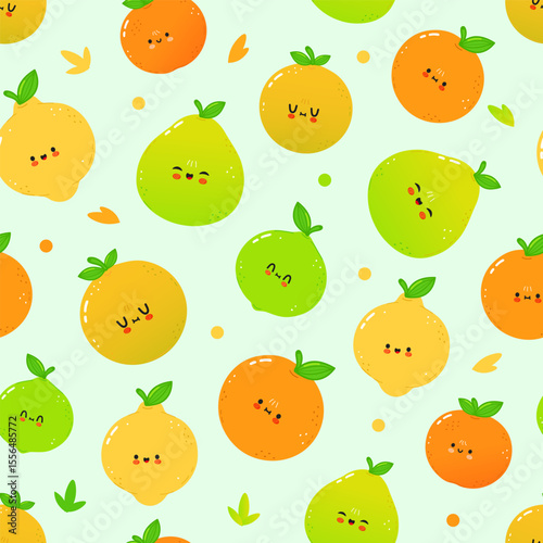A delightful repeating pattern of cartoon fruits with happy expressions, perfect for various designs.