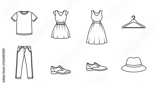 Assortment of clothing items including dresses, pants, shirts, shoes, and a hat arranged neatly together