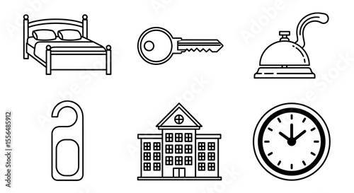 Outlined hotel icons featuring a bed, key, bell, door hanger, building, and clock in a line drawing style