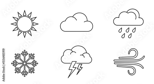 Weather icons depicting sun cloud rain snowflake thunderstorm and wind in a line drawing style illustration