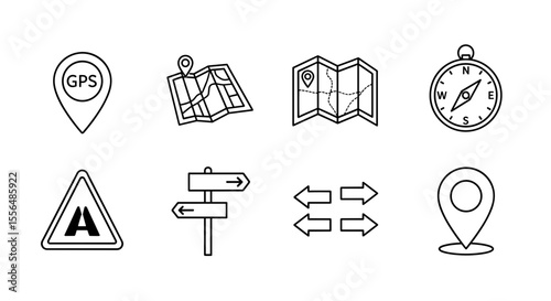 Assorted navigation icons: gps pin, folded maps, compass, road sign, direction signs, and arrows
