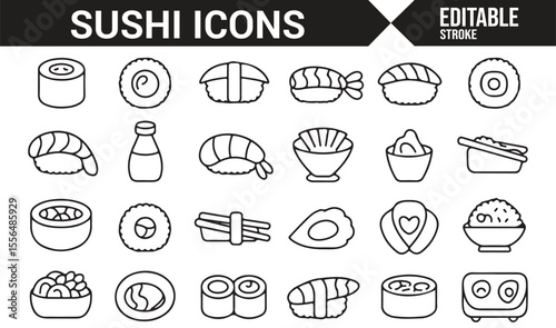 Illustrative icons of sushi rolls, sashimi, and condiments for culinary designs
